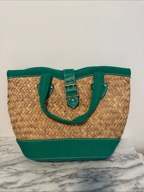 Gap L Woven Straw Raffia Tote Handbag Purse kelly green Woven Cloth Handles